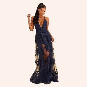 Luxxel Navy Floral Tulle V-Neck Maxi Gown
